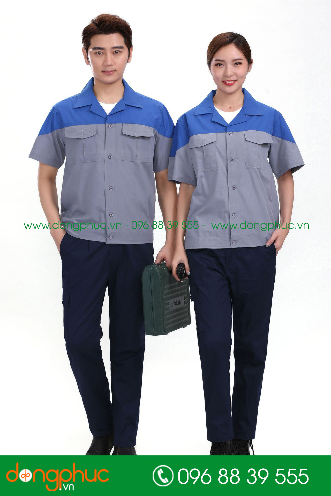 Mẫu bảo hộ màu ghi đậm phối xanh bích cộc tay